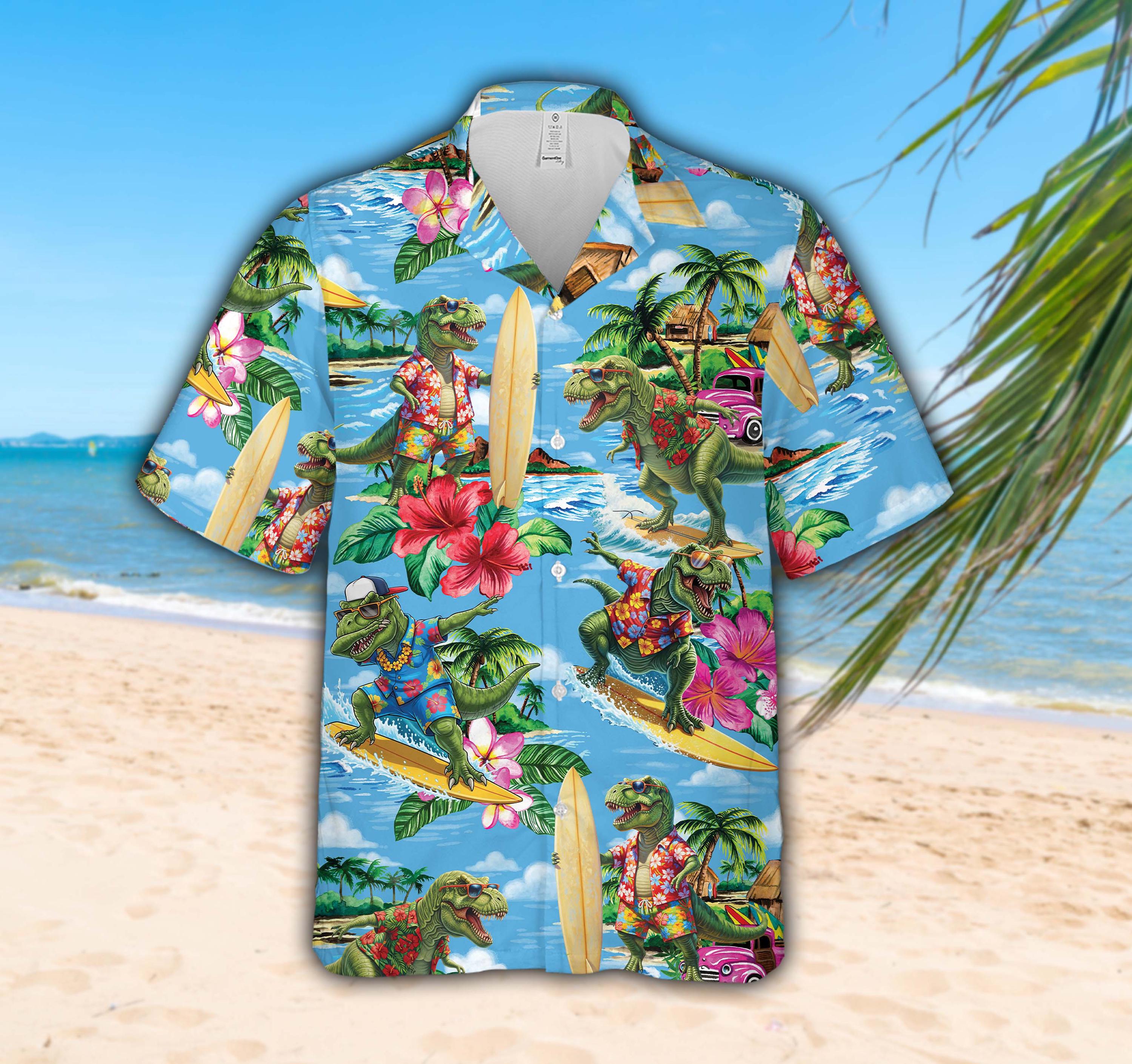 Dinosaur Surfing Hawaiian Shirt for Men Women, Tropical T
