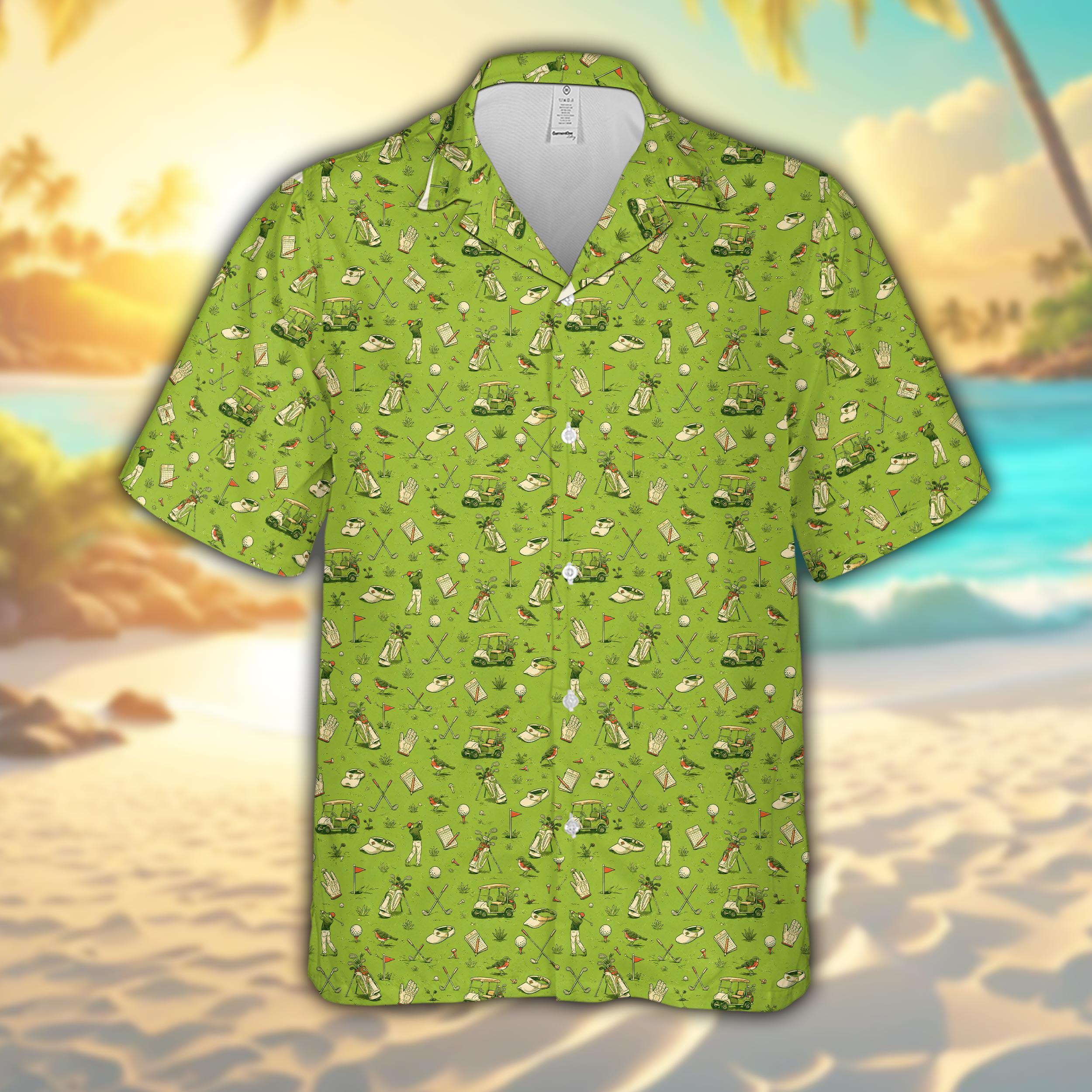 Funny Golf Hawaiian Shirt for Men, Retro Golf Cart Pattern Aloha