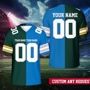 May include: Two football jerseys, one green and blue, the other blue and green, each with the number "00" in white. The jerseys have "TEAM NAME" and "YOUR NAME" printed on them. The text "CUSTOM ANY REQUEST" is at the bottom.