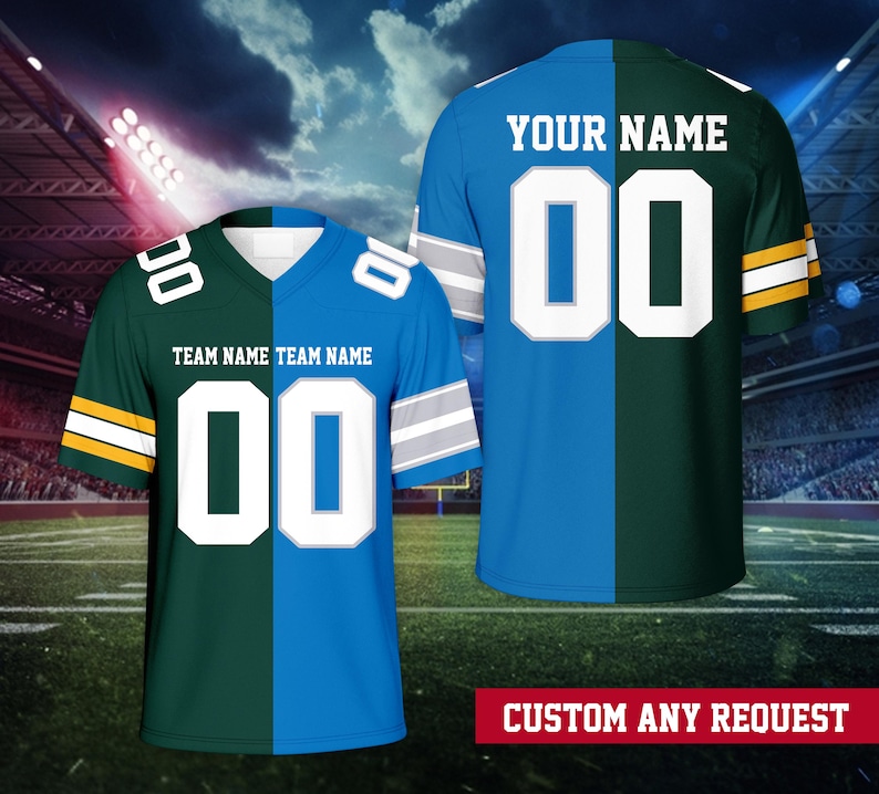 May include: Two football jerseys, one green and blue, the other blue and green, each with the number "00" in white. The jerseys have "TEAM NAME" and "YOUR NAME" printed on them. The text "CUSTOM ANY REQUEST" is at the bottom.
