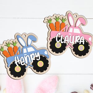 Gepersonaliseerde naam paashaas tag vrachtwagenmandje, aangepaste kleur paashaas en wortel paashaas houten tag, lentemand naambedel, paascadeau kinderen