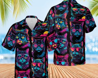 Colorful Silhouette Cat Hawaiian Shirts for Men Women Youth