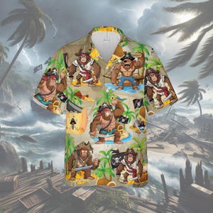 Camisa hawaiana de pirata Bigfoot para hombres y mujeres, camisa abotonada con diseño de criatura mítica pirata Sasquatch, divertida camisa hawaiana de aventura pirata Bigfoot