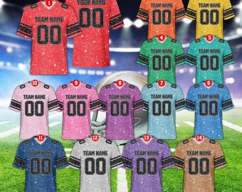Camiseta de fútbol con purpurina sintética personalizada, camiseta de equipo de fútbol para adultos y niños con color personalizado, atuendo para el día del partido de fútbol americano para amantes del fútbol