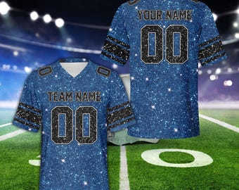 Camisa de futebol personalizada com glitter falso, camisa de time de futebol infantil e adulto personalizada, roupa para dia de jogo de futebol americano para amantes de futebol