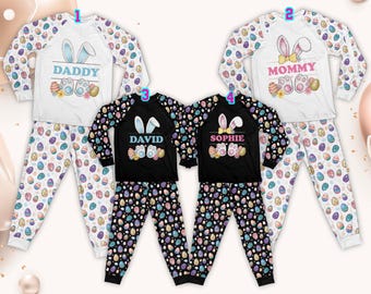 Personalized Name Happy Easter Pajama Sets, Custom Easter Eggs Bunny Pajamas For Family, Matching Family Easter Pajamas, Holiday Pajamas