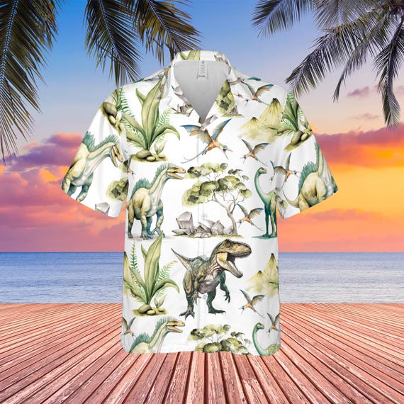 Visesunny Men's Hawaiian Shirt - Short Sleeve Vintage Dinosaur Print Aloha Beach Shirt - View #2