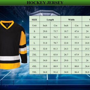May include: Black and yellow hockey jersey with white stripes. The jersey has a V-neck and a size chart with measurements in inches and centimeters. The text "HOCKEY JERSEY" is at the top.