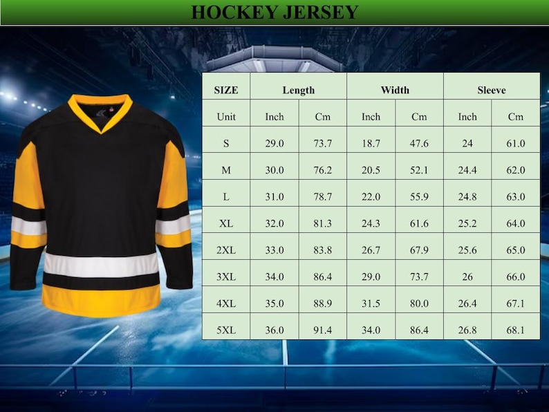 May include: Black and yellow hockey jersey with white stripes. The jersey has a V-neck and a size chart with measurements in inches and centimeters. The text "HOCKEY JERSEY" is at the top.