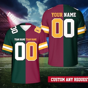 May include: Two football jerseys, one front and one back view, with a split design. One side is green, the other maroon. Each jersey has a white number "00" with gold trim. The text "TEAM NAME" and "YOUR NAME" are visible.