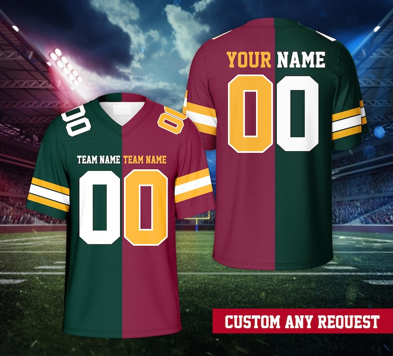 May include: Two football jerseys, one front and one back view, with a split design. One side is green, the other maroon. Each jersey has a white number "00" with gold trim. The text "TEAM NAME" and "YOUR NAME" are visible.