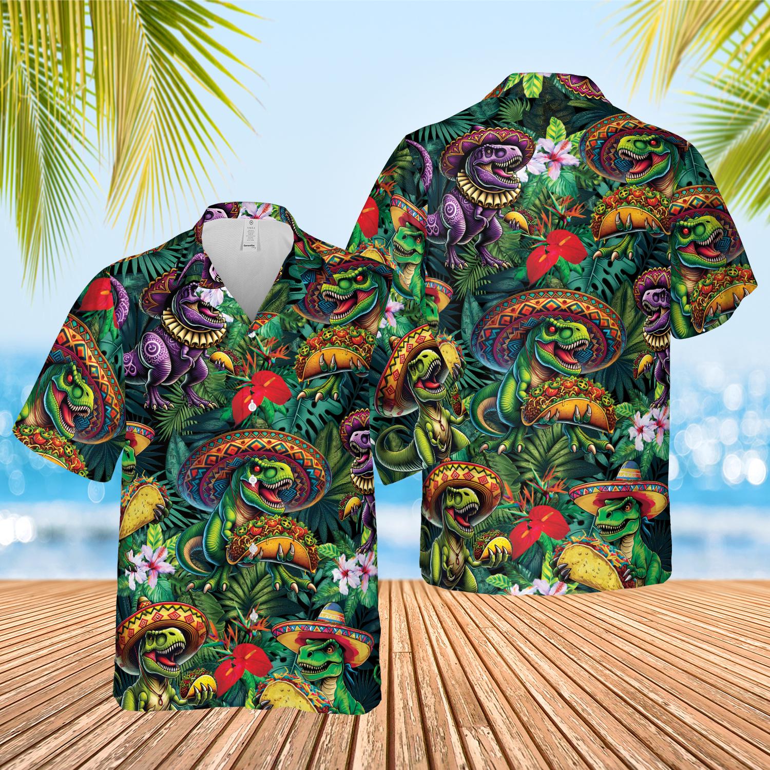 Cinco De Mayo Dinosaur Hawaiian Shirt, Sombrero Taco T-Rex Fiesta Party Button Up Shirt, Tropical Jungle Dinosaur Fiesta Shirt For Men Women