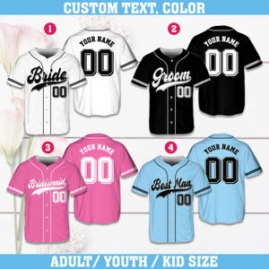 Personalisierte Name Anzahl Braut & Bräutigam Baseball Jersey, Benutzerdefinierte Farbe Hochzeitsfeier Passende Jerseys für Brautjungfern, Trauzeugen, Trauzeuge