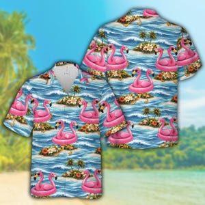 Pink Flamingo Hawaiian Shirt For Men Women, Funny Flamingo Pool Float Beach Aloha Shirt, Aesthetic Tropical Island Flamingo Button Up Shirt