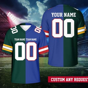May include: Two football jerseys, one green and blue, the other blue and green. Each jersey has the number "00" in white, with a red outline. The text "TEAM NAME TEAM NAME" is on the green and blue jersey. The text "YOUR NAME" is on the blue and green jersey. The text "CUSTOM ANY REQUEST" is at the bottom.