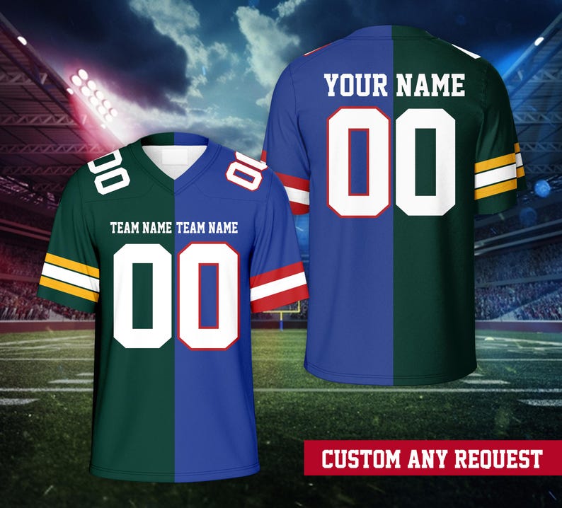May include: Two football jerseys, one green and blue, the other blue and green. Each jersey has the number "00" in white, with a red outline. The text "TEAM NAME TEAM NAME" is on the green and blue jersey. The text "YOUR NAME" is on the blue and green jersey. The text "CUSTOM ANY REQUEST" is at the bottom.