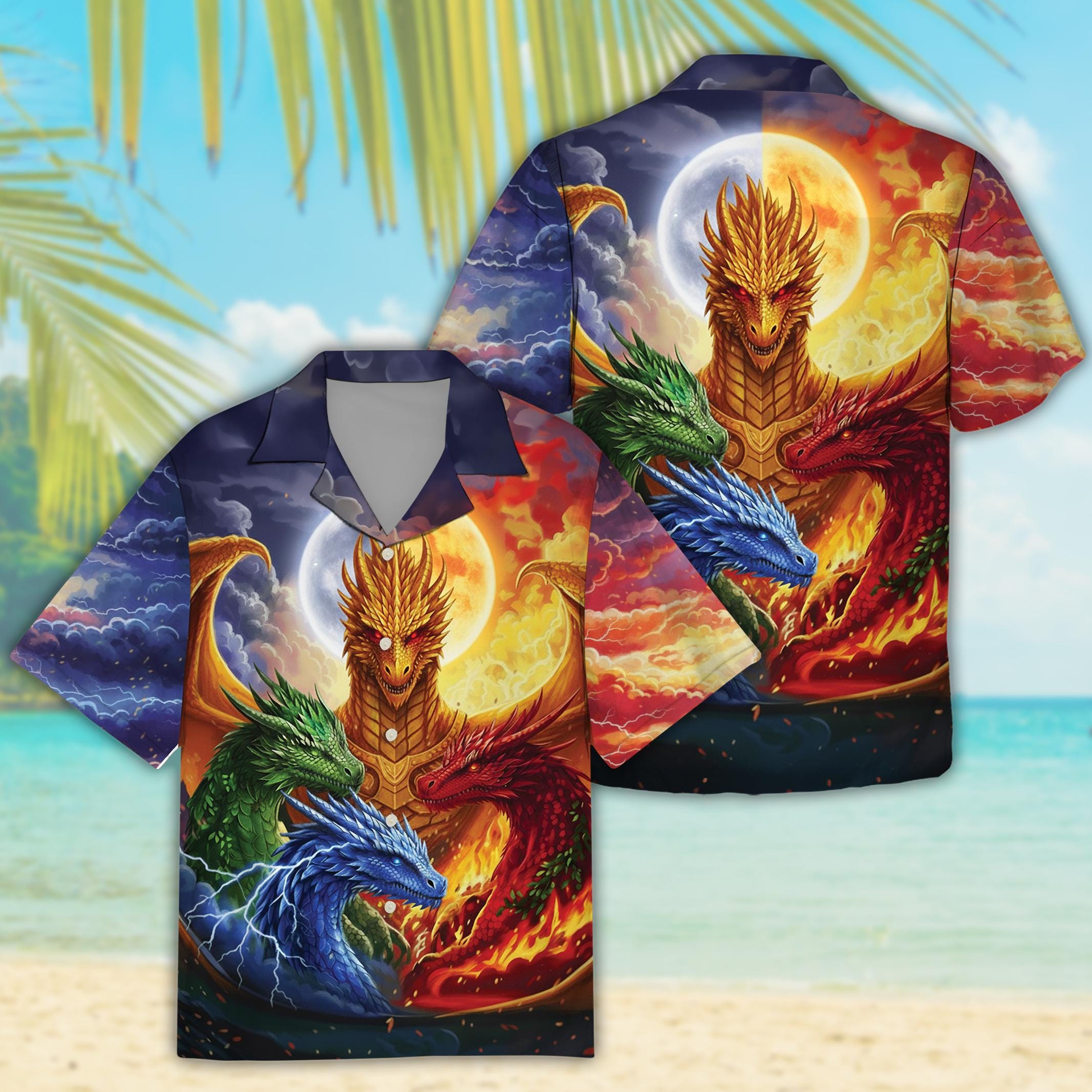 Fantasy Dragon Hawaiian Shirt for Men, Elemental Dragons Button