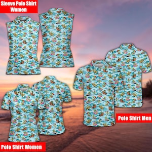 Könnte beinhalten: Eine Kollektion von Poloshirts mit tropischem Muster, das Cartoon-Figuren auf hellblauem Hintergrund zeigt. Das Bild zeigt kurzärmelige und ärmellose Poloshirts. Der Text "Sleeve Polo Shirt Women" und "Polo Shirt Men" ist sichtbar.