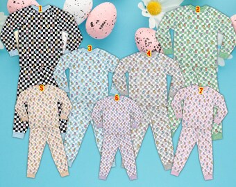 Conjuntos de pijamas a cuadros con conejito de Pascua, pijamas de Pascua familiares a juego, pijamas de Pascua primaverales de colores pastel para la familia, pijamas navideños