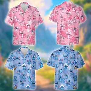 May include: Four short-sleeved button-down shirts with a cartoon character pattern. Two shirts are pink with white and pink character and leaf designs. The other two shirts are light blue with blue character and leaf designs.