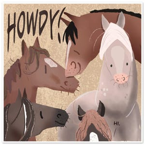 Howdy Horses 漫画ポスター - Dana's Doodles による楽しい動物アート - 子供部屋に最適!