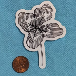 May include: A black and white sticker of a four-leaf clover with detailed line art. A penny is next to the sticker for size comparison. The sticker is on a light blue fabric surface.