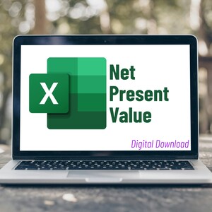 May include: A laptop displaying a screen with the Microsoft Excel logo and the text "Net Present Value." The screen also includes the words "Digital Download" in a purple font. The laptop is open on a wooden surface.