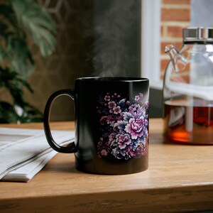 Floral Black Mug Elegant Coffee Cup with Pink Blossoms, Perfect for Home, Gifts, Tea Lover, Kitchen Decor, Mother&#39;s Day Gift, Floral Mug