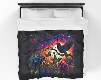 Floral Crow Velveteen Plush Blanket: Bohemian Home Decor