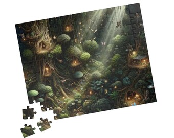 May include: A whimsical illustration of a forest with glowing lights and small houses built into the trees. The scene is filled with lush greenery and a sense of magic.