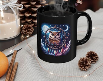 Mystical Owl Dreamcatcher Coffee Mug: Moonlit Sky Ceramic Tea Cup