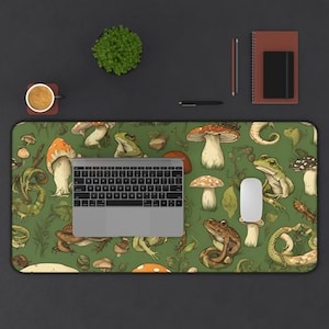 Nature-Inspired Desk Mat with Frogs and Mushrooms, Goblincore Aesthetic, Eco-Friendly Gift, Home Office Accessory, Cottagecore Vibe