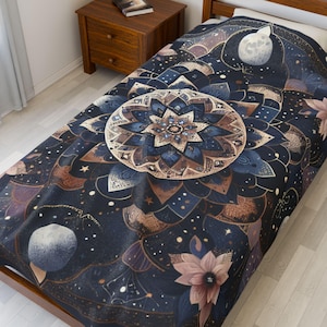 Celestial Mandala Velveteen Plush Blanket, Cozy Home Decor, Gift for Her, Meditation Blanket, Starry Night Blanket, Boho Decor
