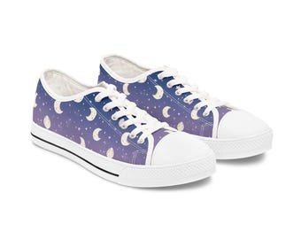 Celestial Moon Phase Low Top Sneakers: Cosmic Print Canvas Shoes