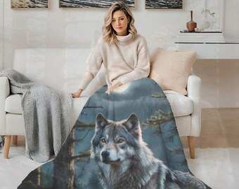 Wolf Moon Plush Blanket, Mystical Forest Velveteen Throw, Wildlife Wolf Lover Gift, Celestial Nature Decor