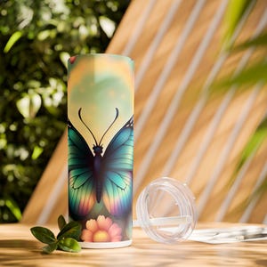 Butterfly Blossom Skinny Tumbler with Straw, 20oz | Floral Drinkware, Nature Lover Gift, Summer Party, Eco-Friendly Travel Mug