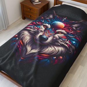Himmlische Wolf Plüschdecke - Gemütliches Wohndekor, Geschenk für Tierliebhaber, weicher Überwurf für Winter, Boho Stil, Einzigartige Wandkunst, Wolf Liebhaber