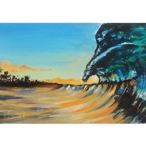 Pittura dipinto ad olio A5 Onda Oceano Mare Acqua su carta originale presonalizzata tramonto stampa arte quadro decorazione