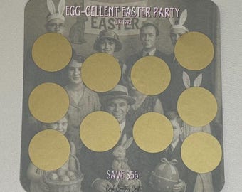 Pode incluir: Um cartão castanho com uma fotografia vintage de pessoas a usar orelhas de coelho. O cartão diz "Egg-cellent Easter Party" e "Save 55 €".