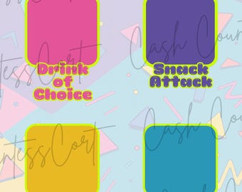 Pode incluir: Um gráfico colorido com o texto "'90s Kid Stay at Home Starter Pack". O design apresenta quatro quadrados coloridos com texto: "Drink of Choice", "Snack Attack", "Activity of the Day" e "Found Between Couch Cushions".