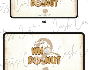 Pode incluir: Design retangular com borda preta com o texto "WH DO-NUT" em marrom, com uma rosquinha substituindo o "O". Uma lupa está sobre a rosquinha. As palavras "Cash Countess Cart" estão na parte inferior.