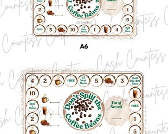 Pode incluir: Dois tabuleiros de jogo com tema de café. Os tabuleiros apresentam o texto "Don't Spill the Coffee Beans" e incluem gráficos de grãos de café, ícones de xícaras de café e instruções do jogo. Os tabuleiros estão rotulados A6 e A5.