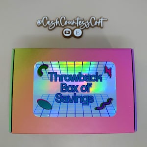 Puede incluir: Una caja colorida con una pegatina holográfica que dice "Throwback Box of Savings". La caja tiene un degradado de colores, incluyendo rosa, verde y amarillo. La pegatina tiene un patrón de cuadrícula y gráficos retro.