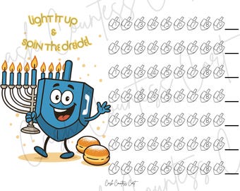 Pode incluir: Uma impressão colorida com tema de Hanukkah com um dreidel de desenho animado segurando uma menorá com velas acesas. O texto "Light it up & Spin the dreidel" é exibido. A imagem inclui uma grade de contornos de dreidel e dois sufganiyot.