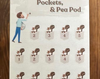 Pode incluir: Uma folha de adesivos com uma ilustração de desenho animado de um esquilo pintando uma parede. A folha tem 15 adesivos de esquilos em bolsos com os números de 1 a 5. O texto na folha diz "Paintings, Pockets, & Pea Pod" e "Save $44".