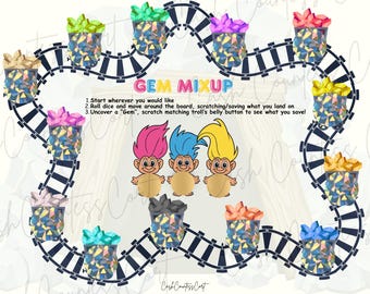 Pode incluir: Um jogo de tabuleiro chamado "GEM MIXUP" com recipientes coloridos cheios de pedras preciosas e um design de trilho de trem. O jogo apresenta três trolls de desenho animado com cabelo rosa, azul e amarelo. As instruções estão incluídas.