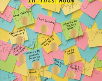 Pode incluir: Uma colagem colorida de notas adesivas com lembretes manuscritos e o texto "I Can't Remember What Happened Yesterday, Let Alone Why I Walked In This Room." As notas incluem "Grab The Keys" e "Start Laundry."