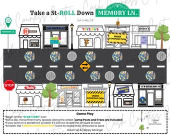 Pode incluir: Ilustração de um tabuleiro de jogo intitulado "Take a St-ROLL Down MEMORY LN." retratando uma cena de rua com lojas como Toys R Us e Claire's. O tabuleiro inclui instruções do jogo, sinais de stop e sinais de "Under Construction". O tema do jogo é uma viagem nostálgica.