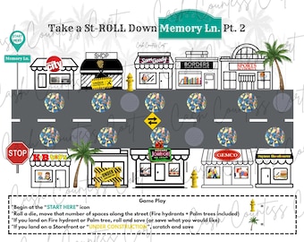 Pode incluir: Um jogo de tabuleiro intitulado "Take a St-ROLL Down Memory Ln. Pt. 2" com uma cena de rua com lojas, palmeiras e hidrantes. O jogo inclui um sinal de stop, um ícone de início e instruções de jogo.