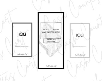 Pode incluir: Três cartões emoldurados. Dois cartões exibem "IOU" com uma linha e "Cash Countess Cat". O cartão central diz "Build & Design Your Dream Home" e "Savings Box Challenge". O texto é preto sobre fundo branco.